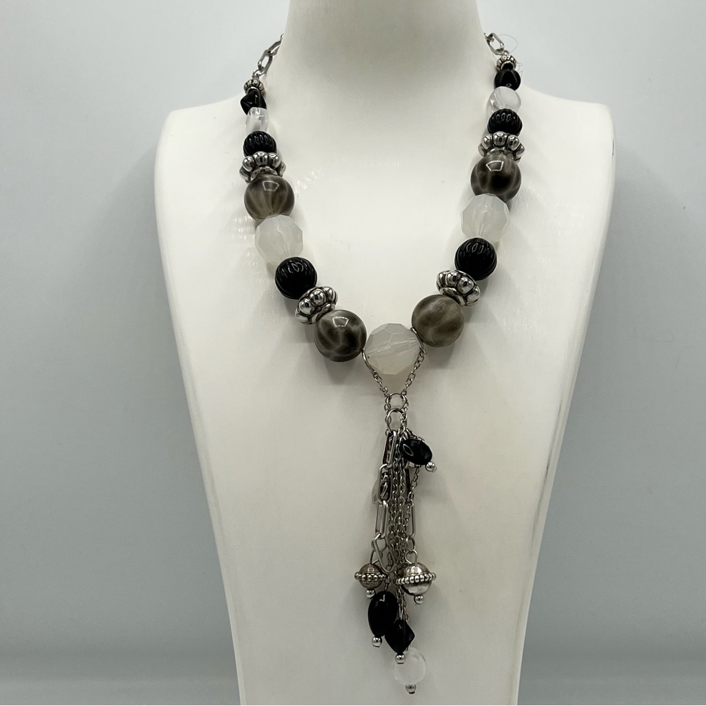 Black, Silver And White Large Beaded Middle Hang Necklace